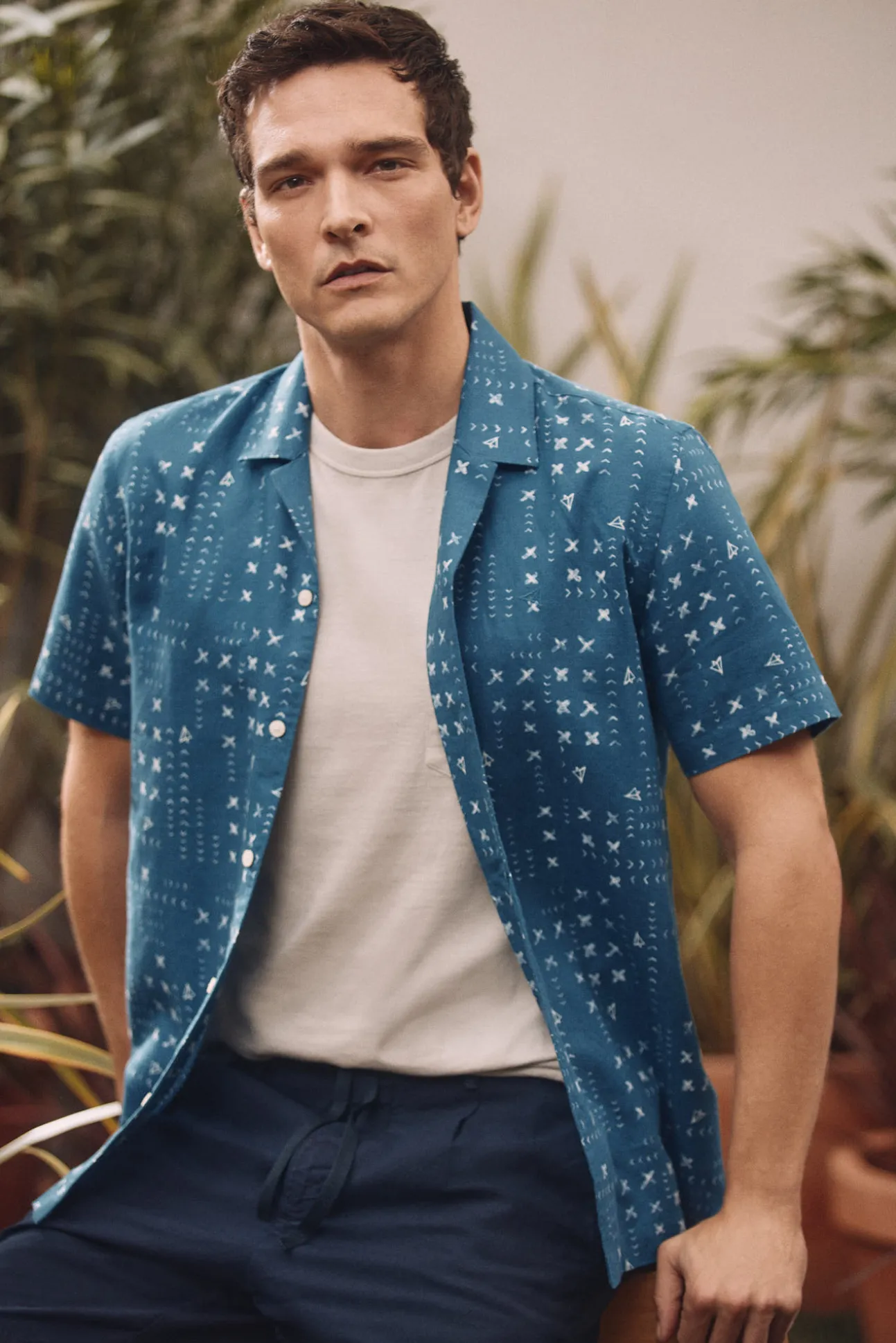 Camisa Lino Manga Corta Estampado Patch