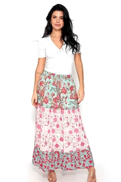 Falda Larga Tricolor Con Estampado De Flores