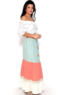 Falda Larga Tricolor Estampado Oro