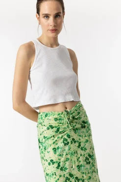 Falda Midi Estampada Con Frunces