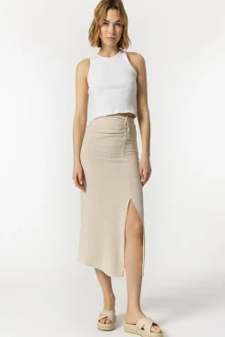 Falda Midi Lino Estampada Con Frunces