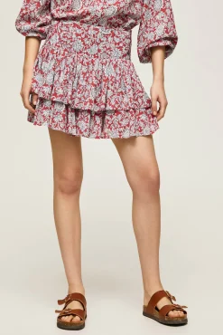 Falda Mini Estampada Con Volantes