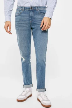 Jeans Slim Lavado Medio Ensuciado Rotos Reparados