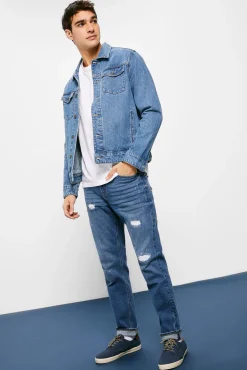 Jeans Slim Ligero Lavado Rotos Reparados