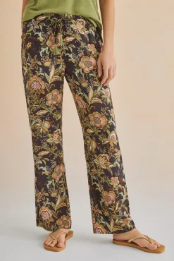 Pantalon Largo Recto Estampado Negro