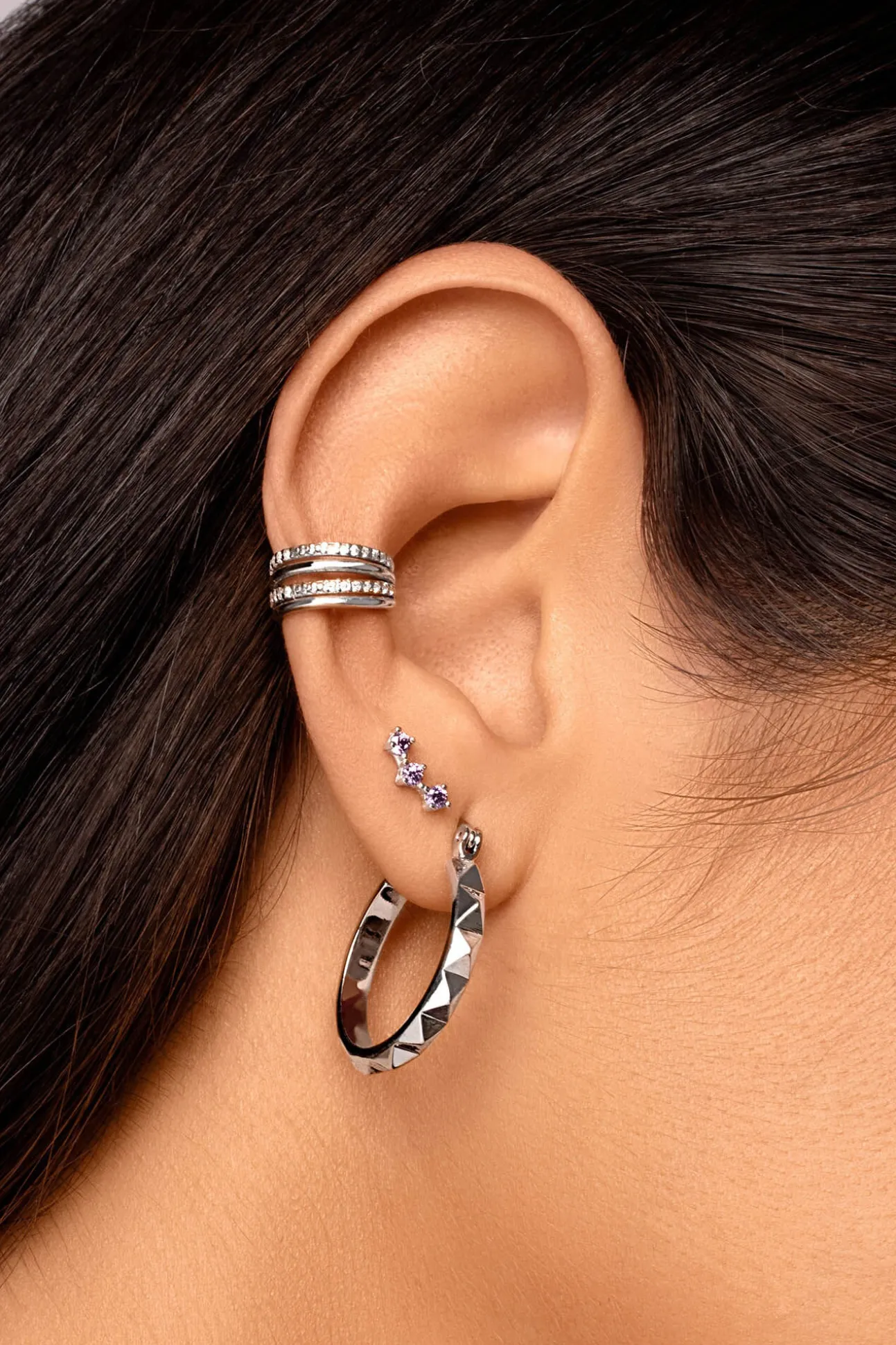 Pendiente Suelto Triple Spark Lavande Plata