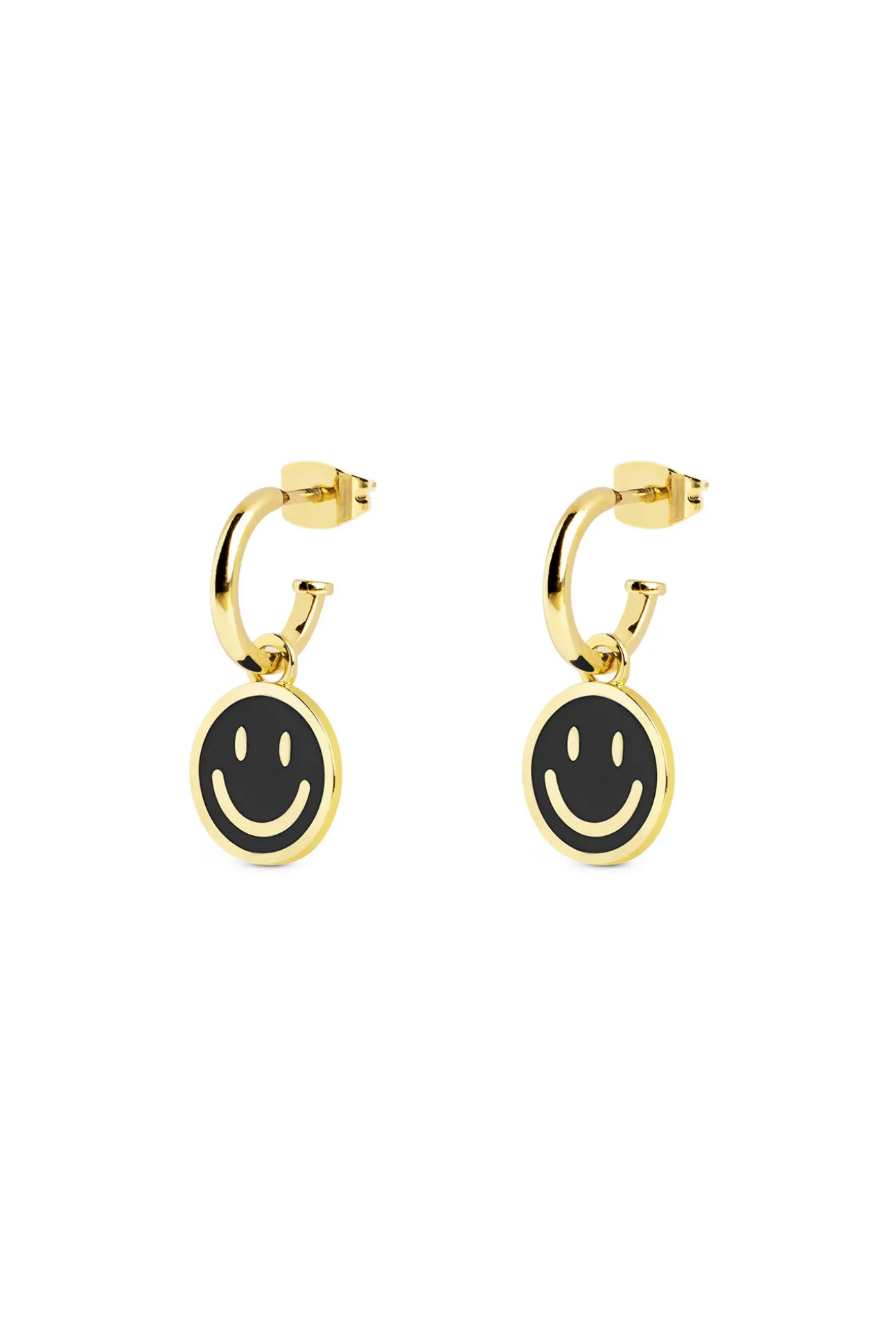 Pendientes Aro Smiley Black Enamel Oro