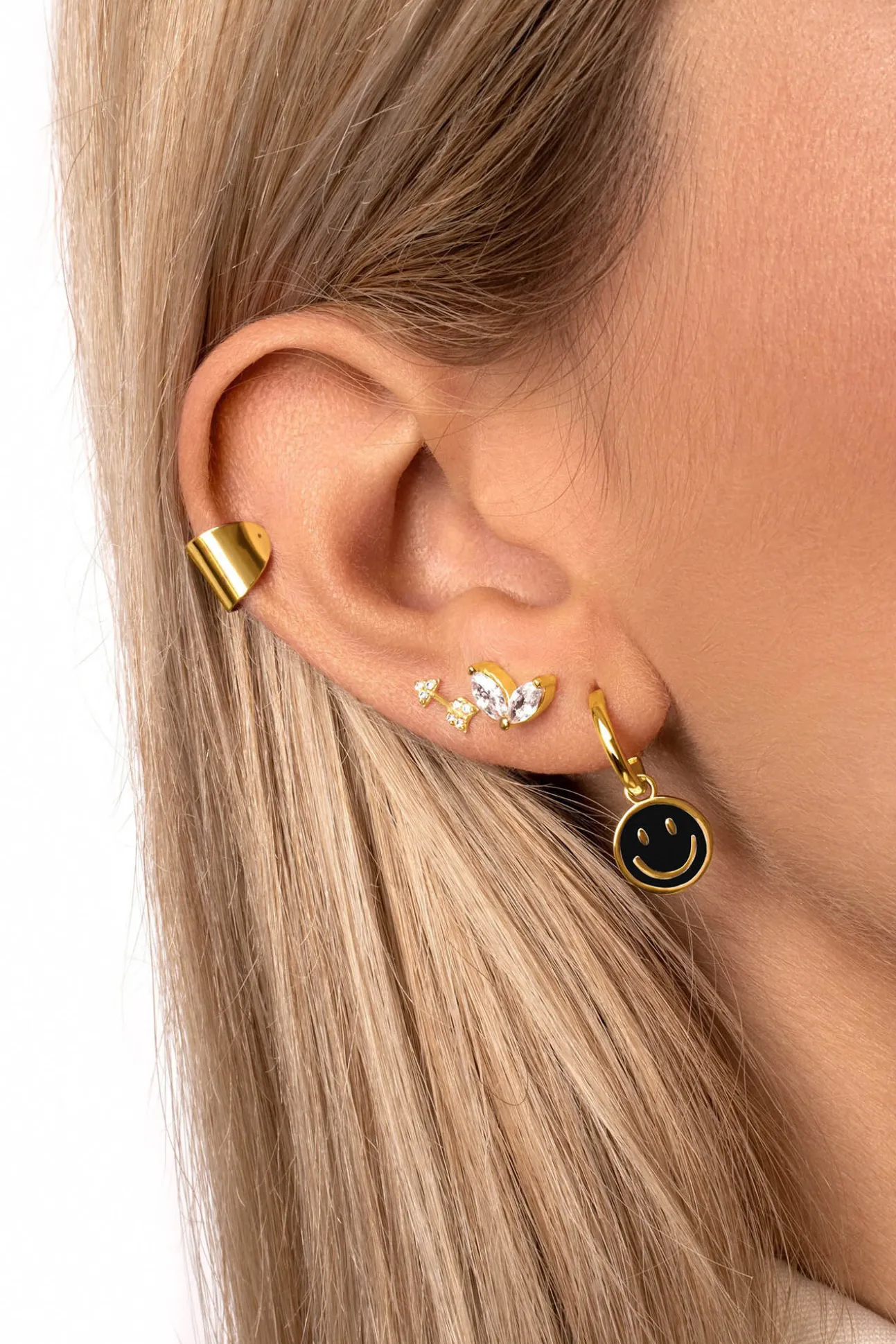 Pendientes Aro Smiley Black Enamel Oro