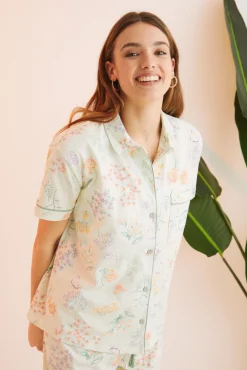Pijama Camisero 100% Algodon Verde Flores