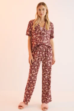 Pijama Camisero Largo Flores Granate