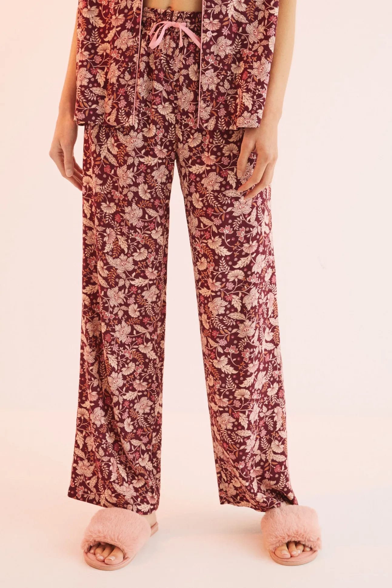 Pijama Camisero Largo Flores Granate