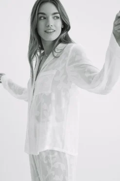 Pijama Camisero Largo Jacquard Blanco