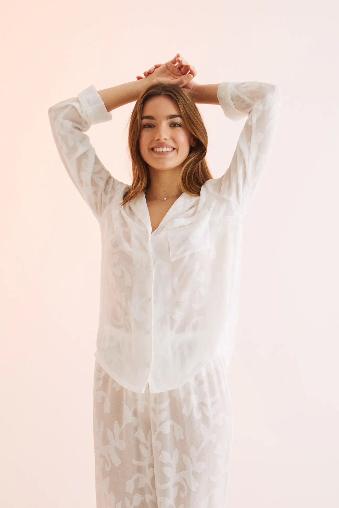 Pijama Camisero Largo Jacquard Blanco