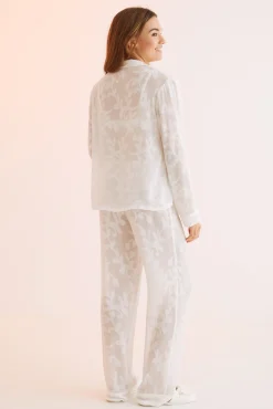 Pijama Camisero Largo Jacquard Blanco