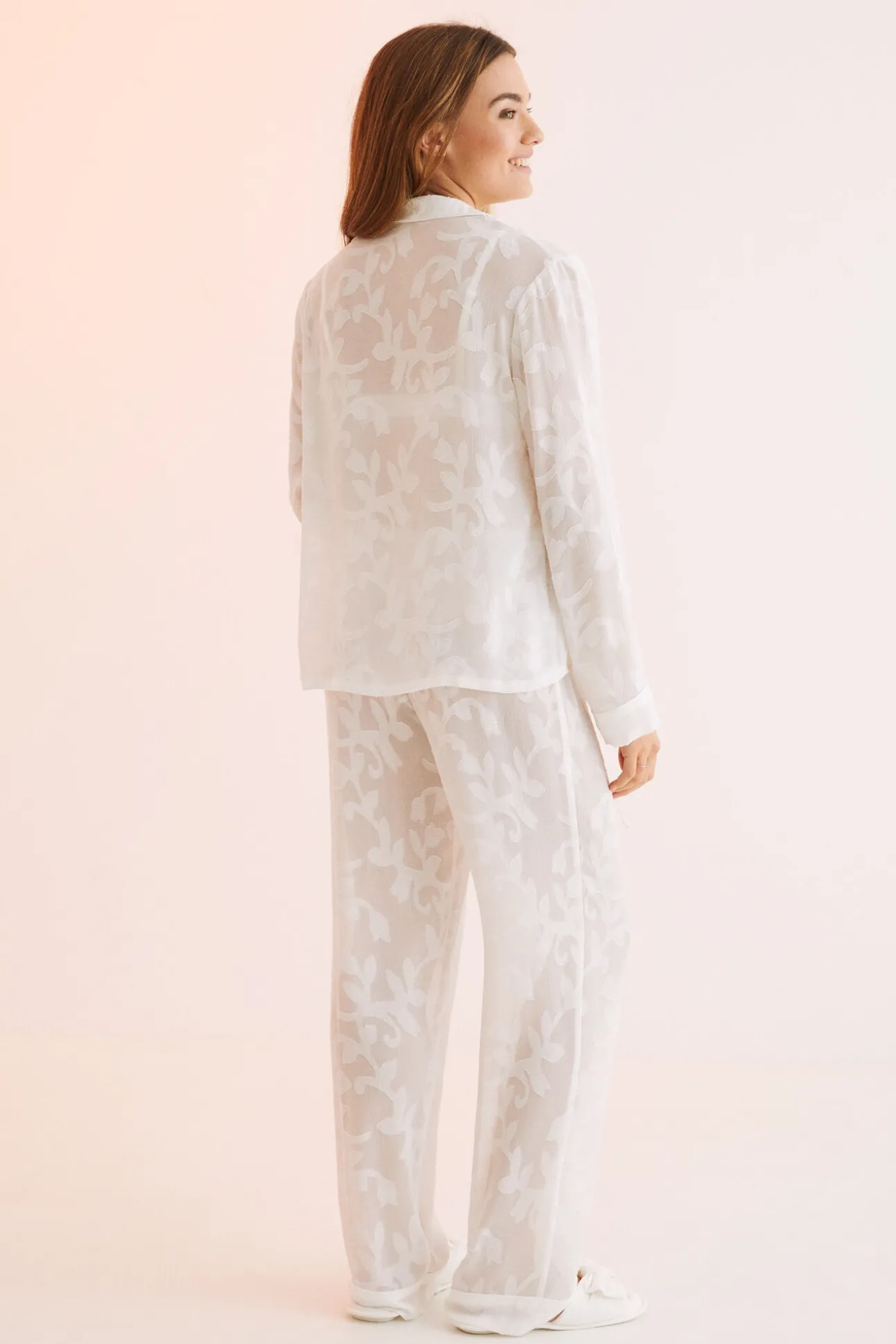 Pijama Camisero Largo Jacquard Blanco