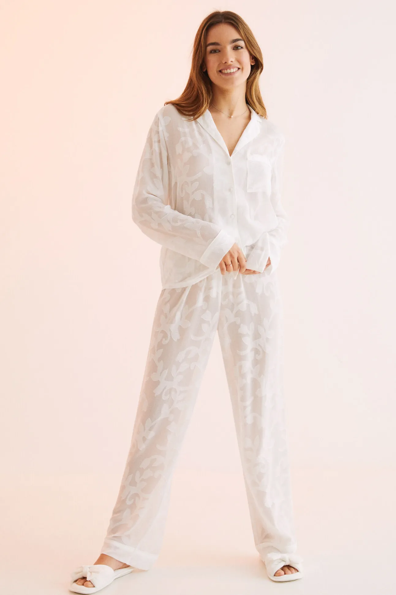Pijama Camisero Largo Jacquard Blanco