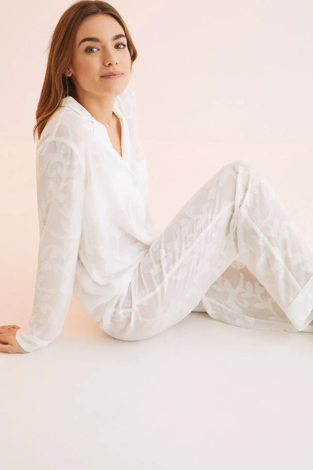 Pijama Camisero Largo Jacquard Blanco