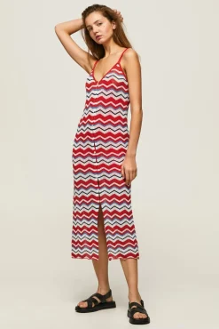 Vestido Largo Con Lino Y  Tirantes Zig Zag.