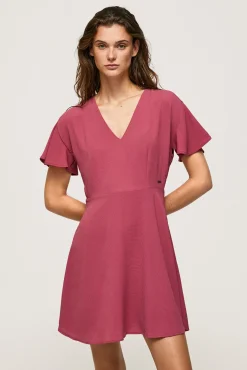 Vestido Manga Corta Con Cuello Pico.