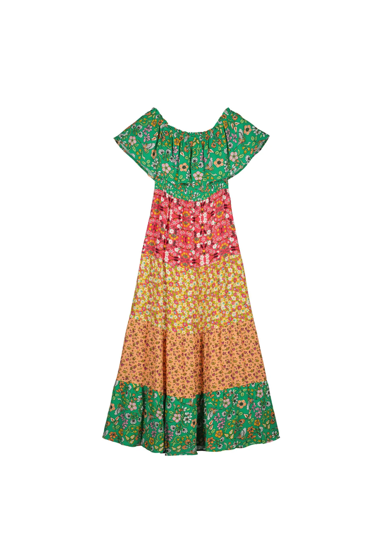 Vestido Midi Escote Hombros Volante