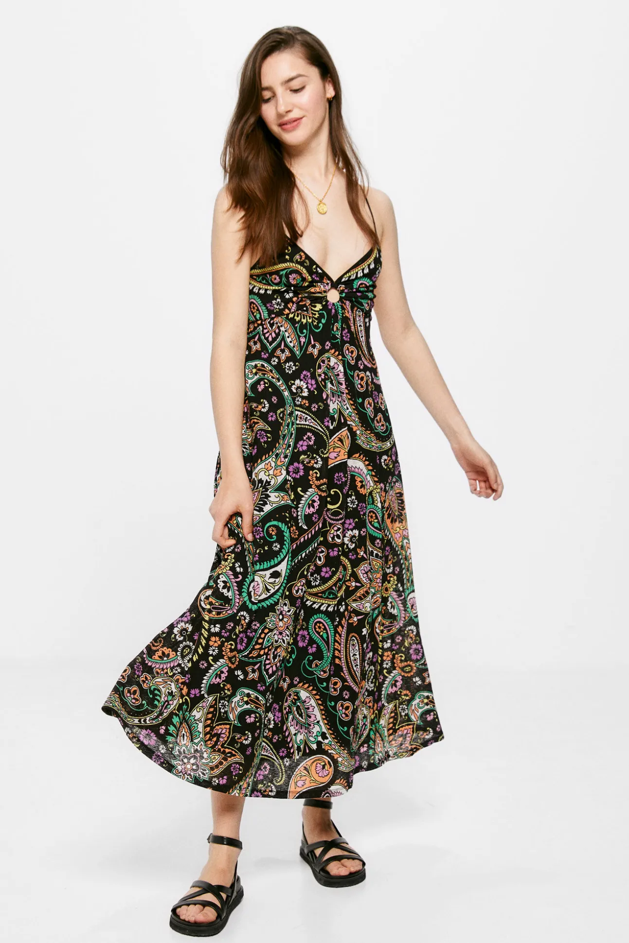 Vestido Midi Estampado Escote Arandela
