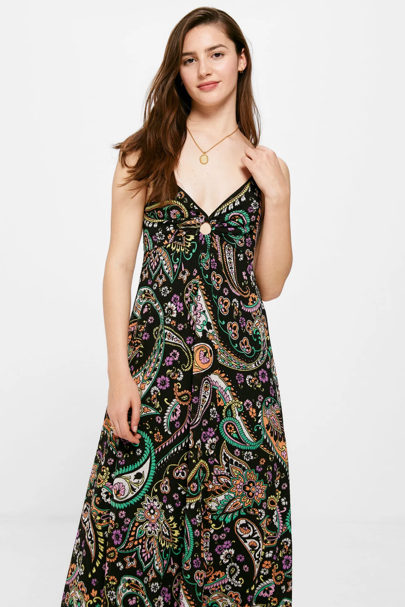 Vestido Midi Estampado Escote Arandela