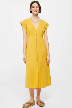 Vestido Midi Liso Botones Lino Algodon