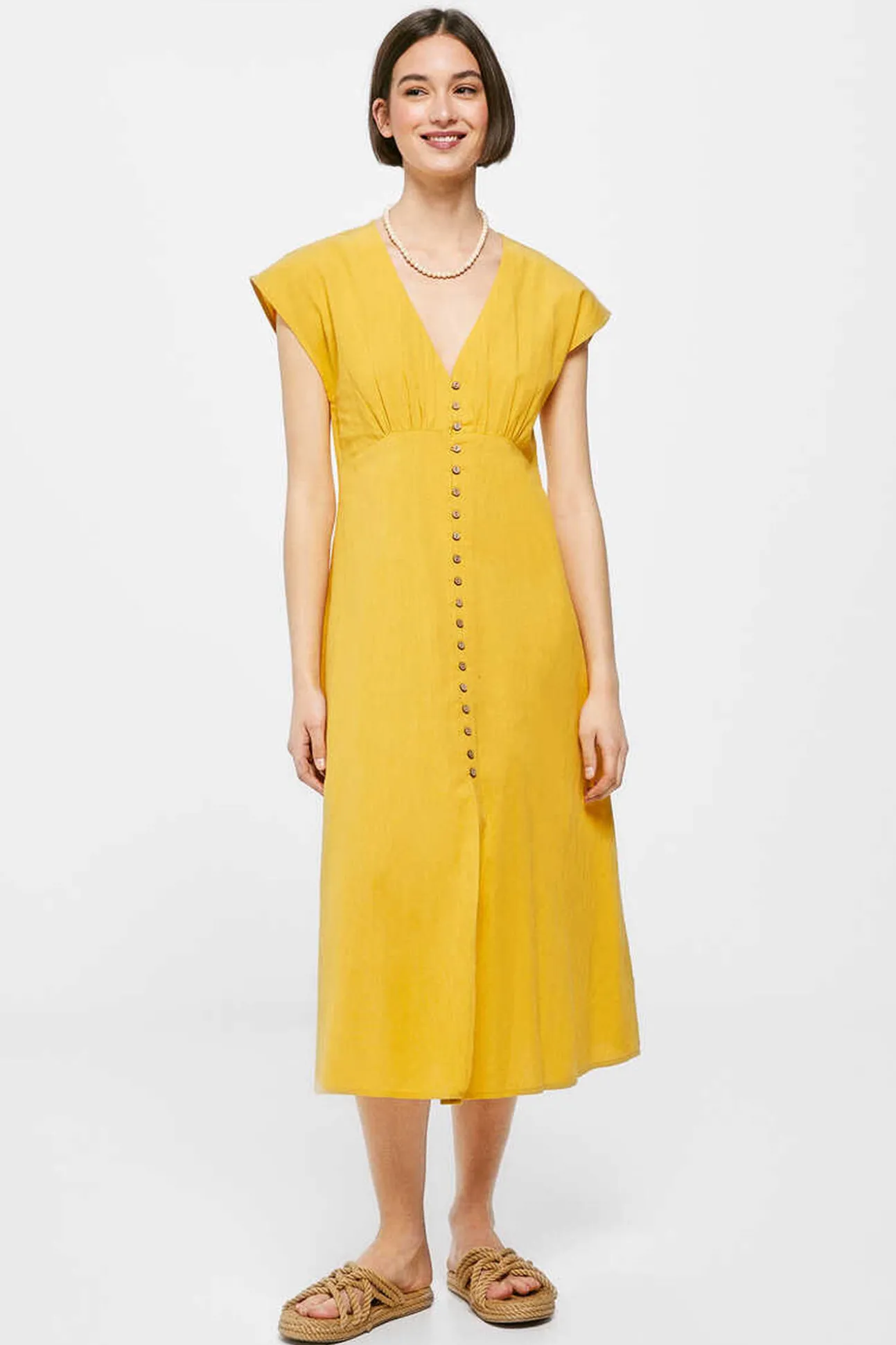 Vestido Midi Liso Botones Lino Algodon