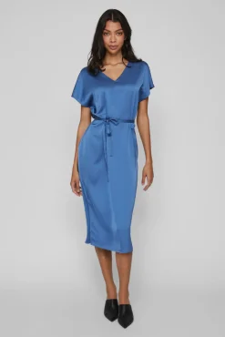 Vestido Midi Satinado De Manga Corta